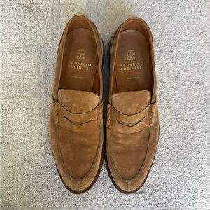 Brunello Cucinelli Tan Suede Penny Loafers